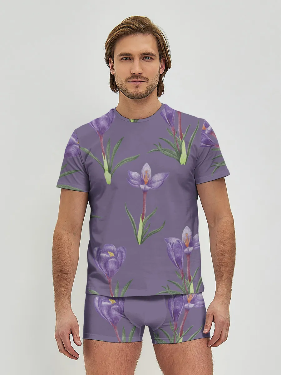Мужские трусы с футболкой / Цветы шафрана на фиолетовом