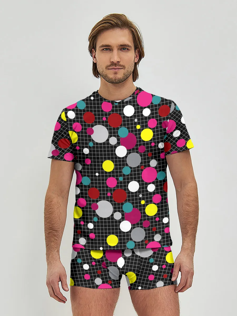 Мужские трусы с футболкой / Разноцветный горох на черном