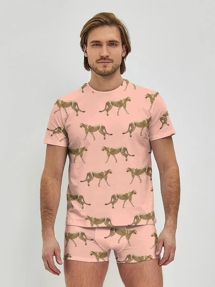 Мужские трусы с футболкой / Гепарды на розовом