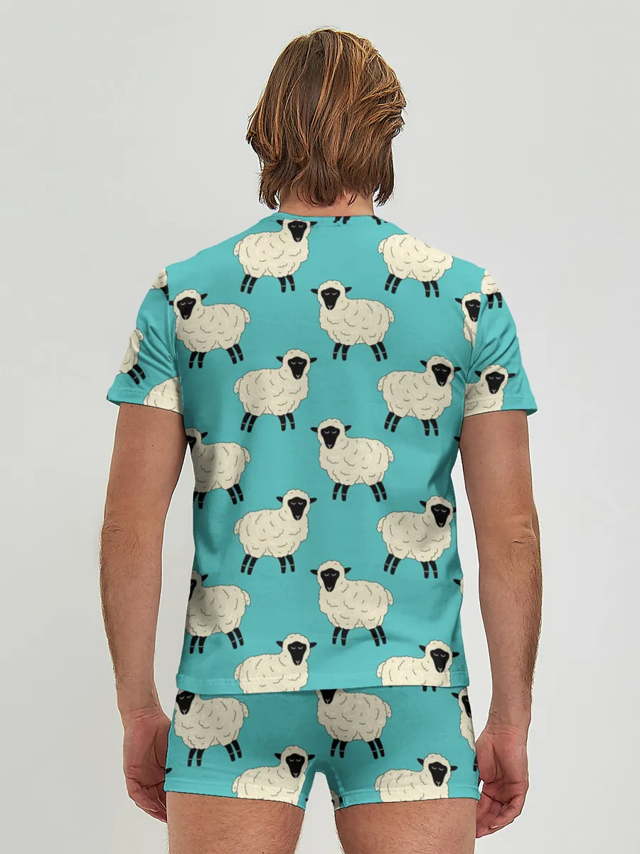 Мужские трусы с футболкой / Овечки паттерн на бирюзовом