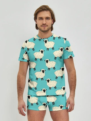 Мужские трусы с футболкой / Овечки паттерн на бирюзовом