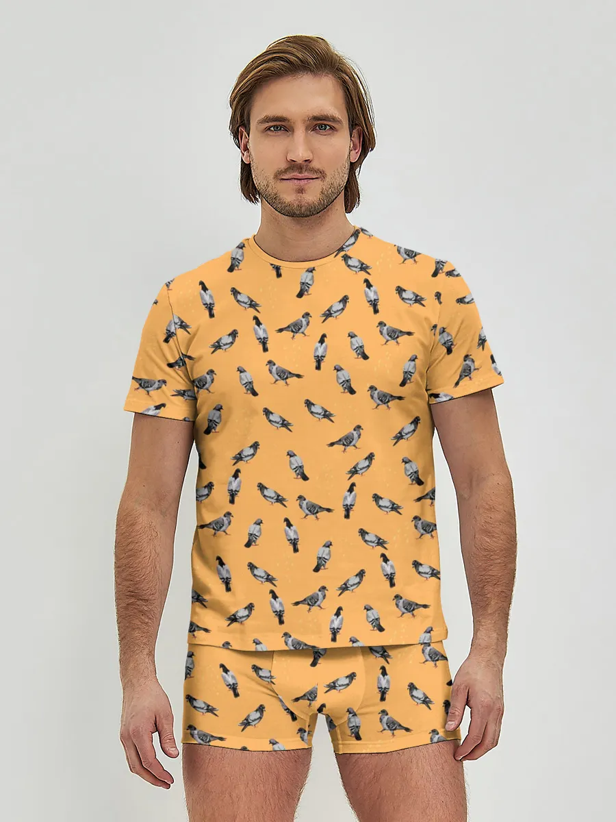 Мужские трусы с футболкой / Голуби паттерн на желтом