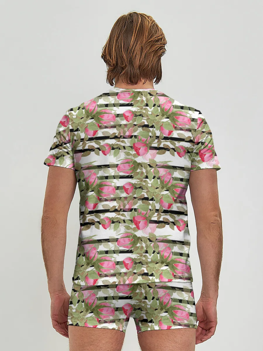 Мужские трусы с футболкой / Акварельные розы на полосатом