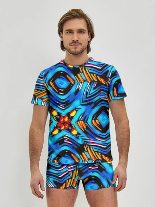 Мужские трусы с футболкой / Желто-синий абстрактный узор