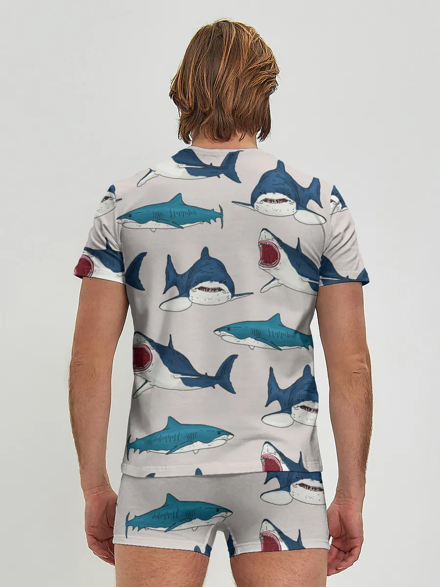 Мужские трусы с футболкой / Кровожадные акулы паттерн