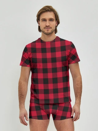 Мужские трусы с футболкой / Красный паттерн крупная клетка