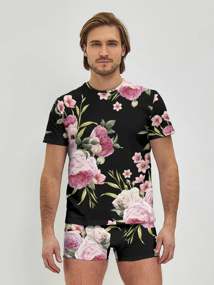 Мужские трусы с футболкой / Пионы на Чёрном