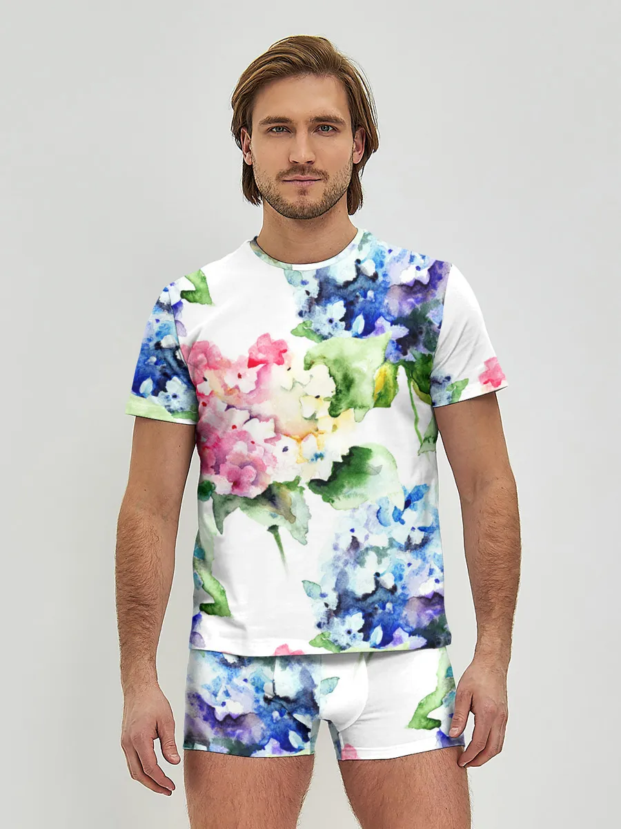 Мужские трусы с футболкой / Акварель, гортензии