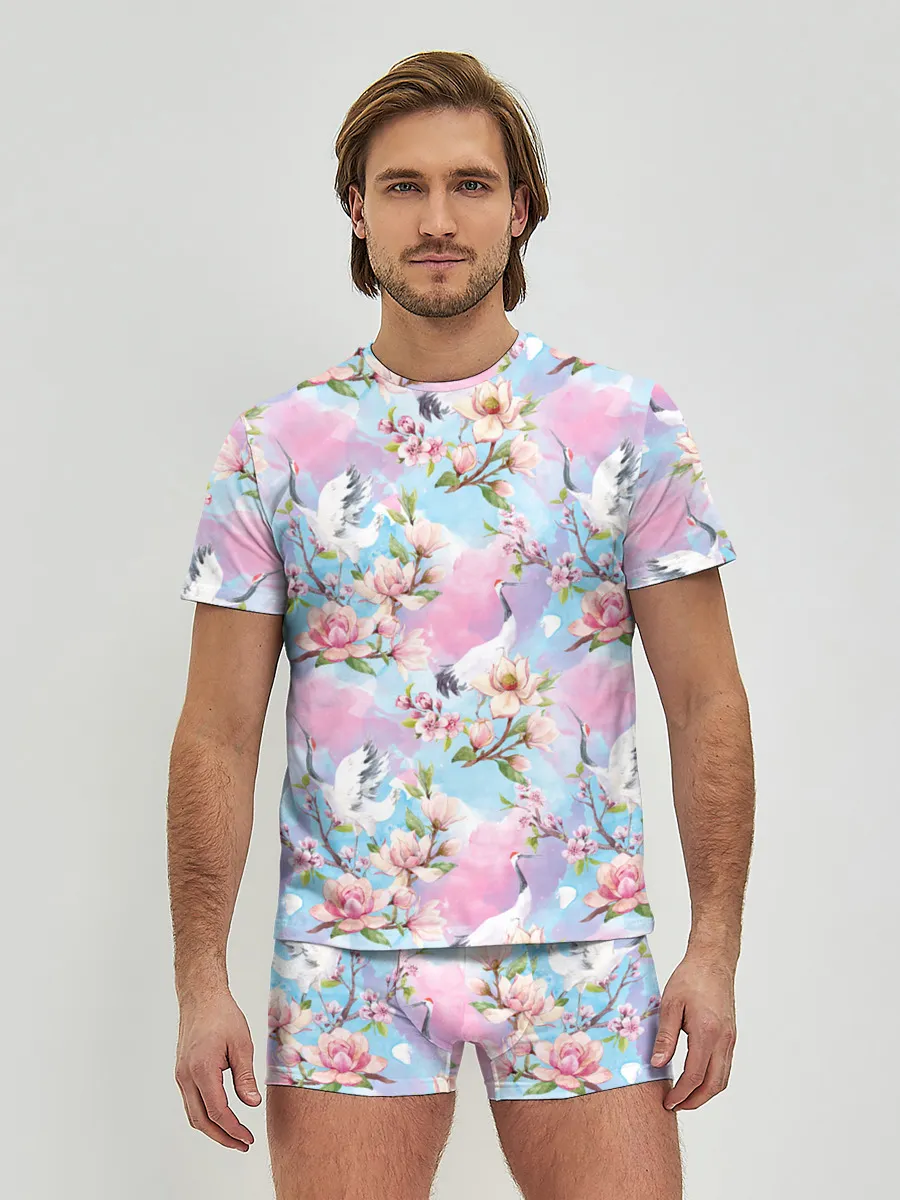 Мужские трусы с футболкой / Узор с журавлями