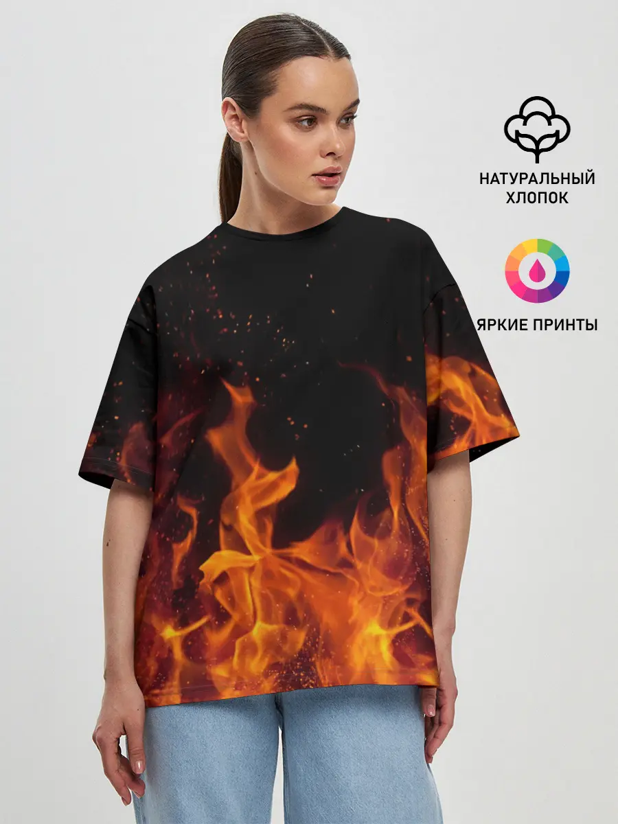 Женская футболка оверсайз / Огонь с искрами