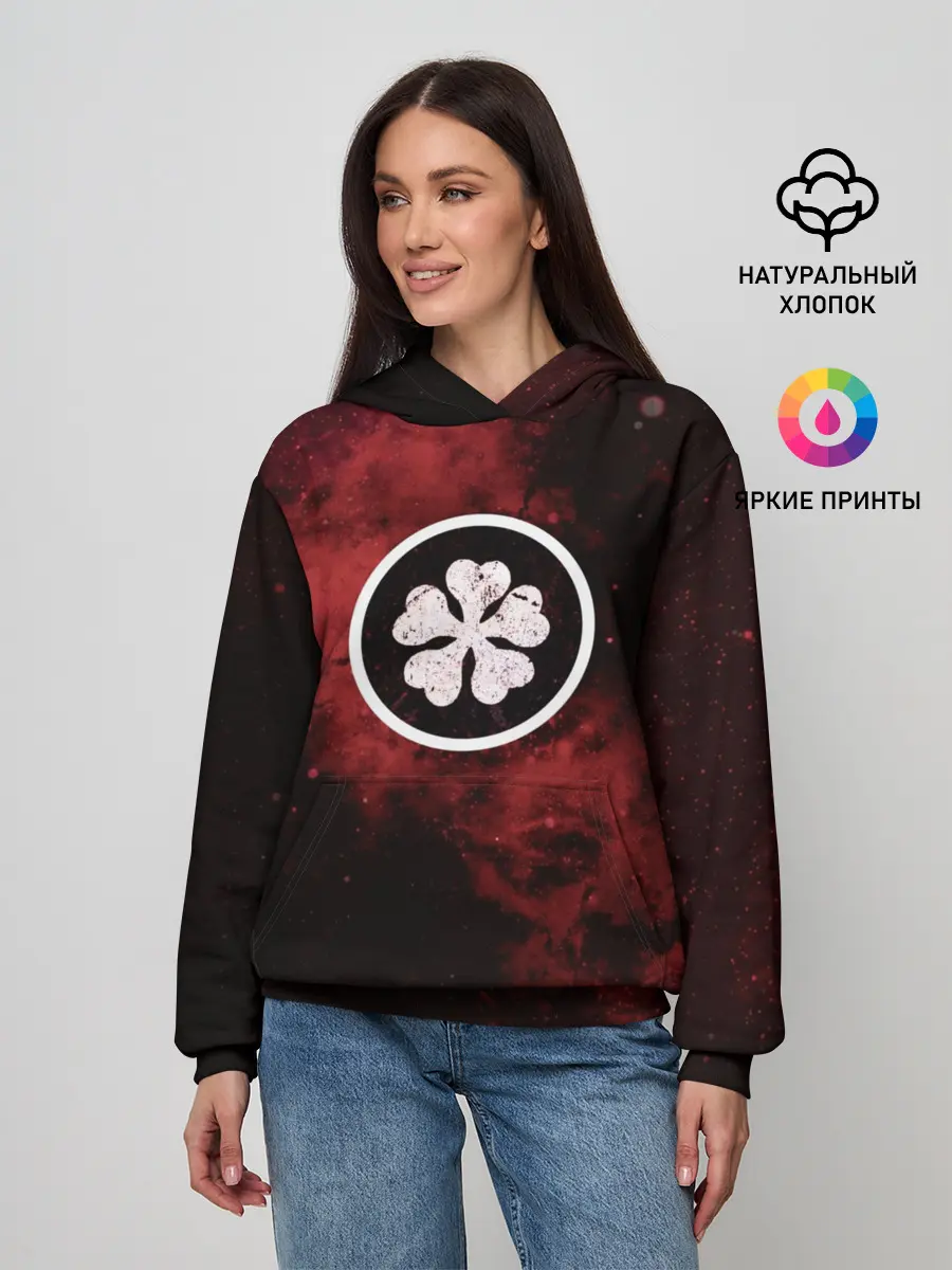 Женское худи / Эмблема Черного клевера на космическом фоне