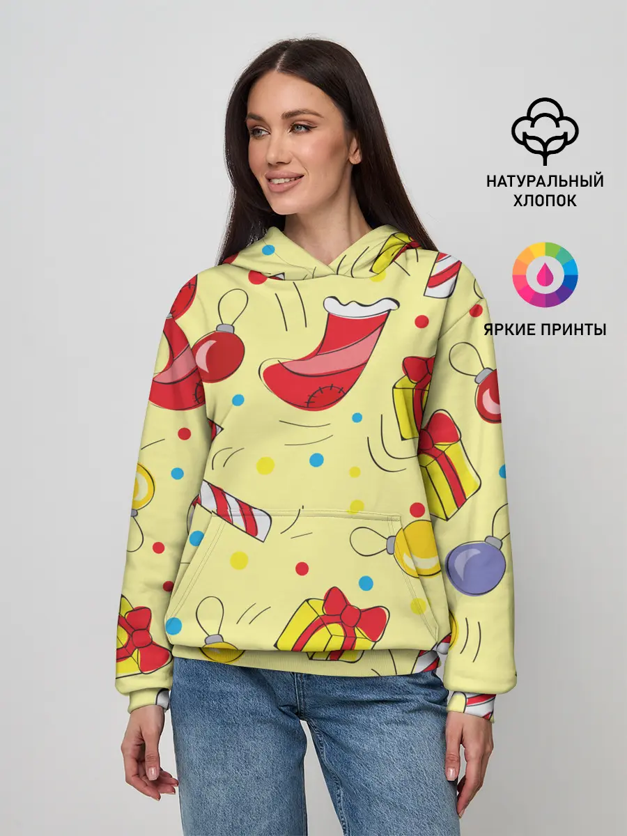 Женское худи / Новогодний узор на желтом фоне