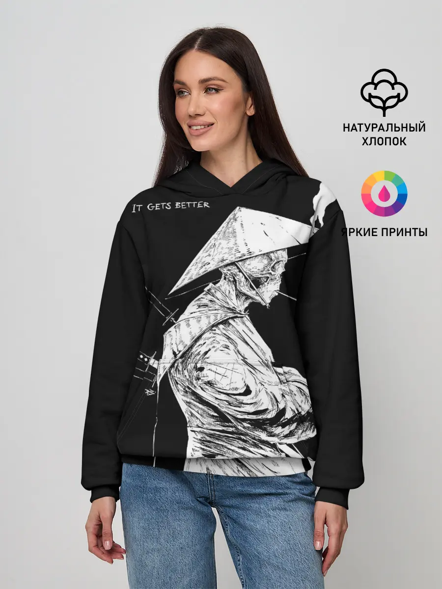 Женское худи / Самурай скелет с трубкой