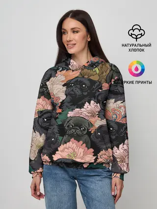 Женское худи / Мопсы и Цветы