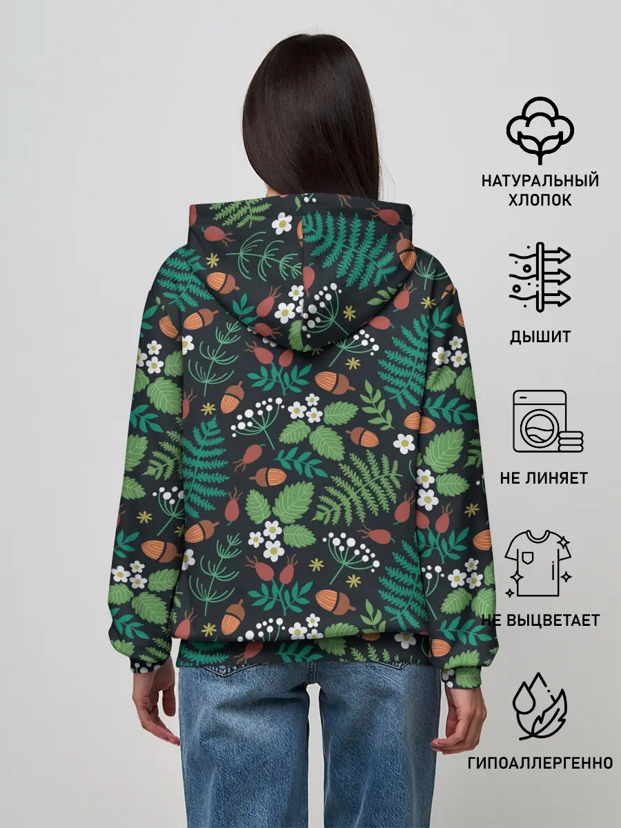 Женское худи / Лесные листочки цветочки