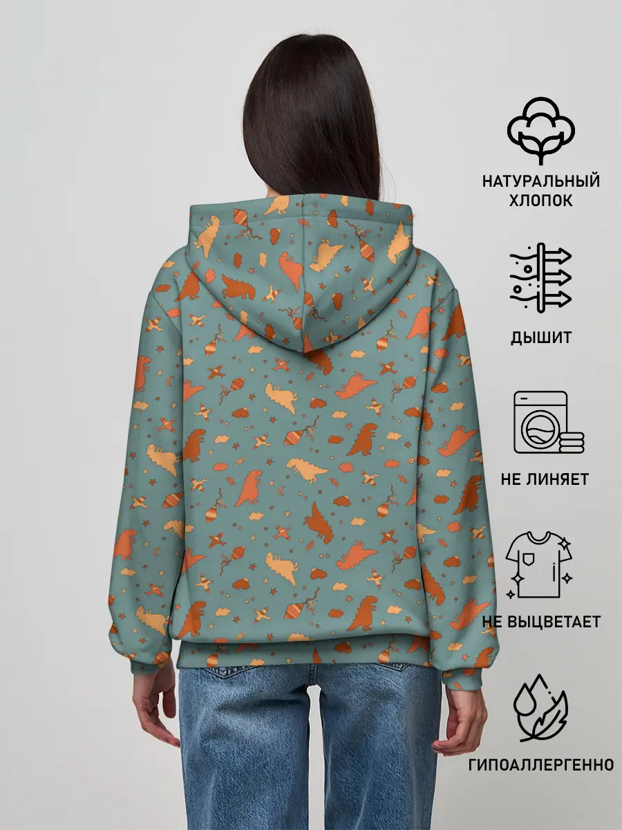 Женское худи / детский принт с динозаврами и звездами