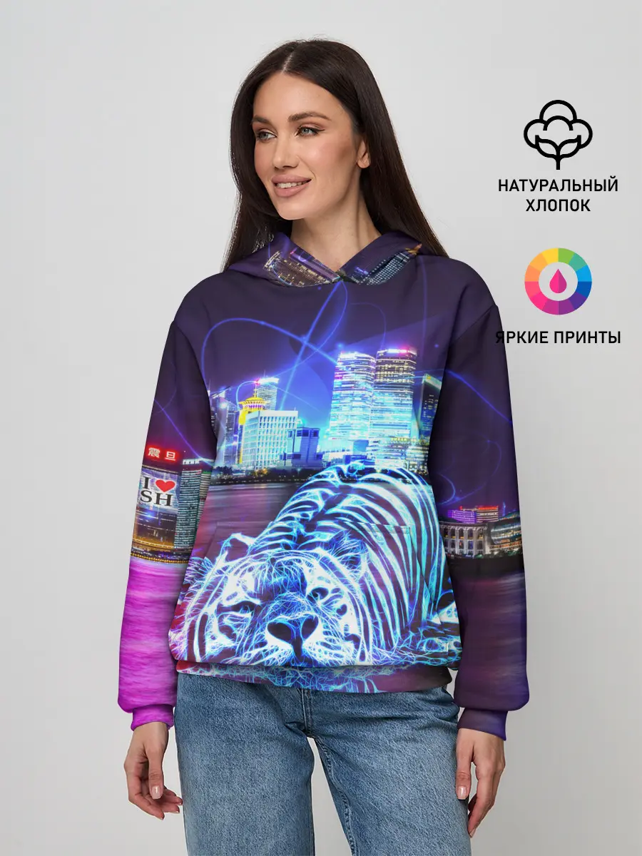 Женское худи / Плывущий неоновый тигр