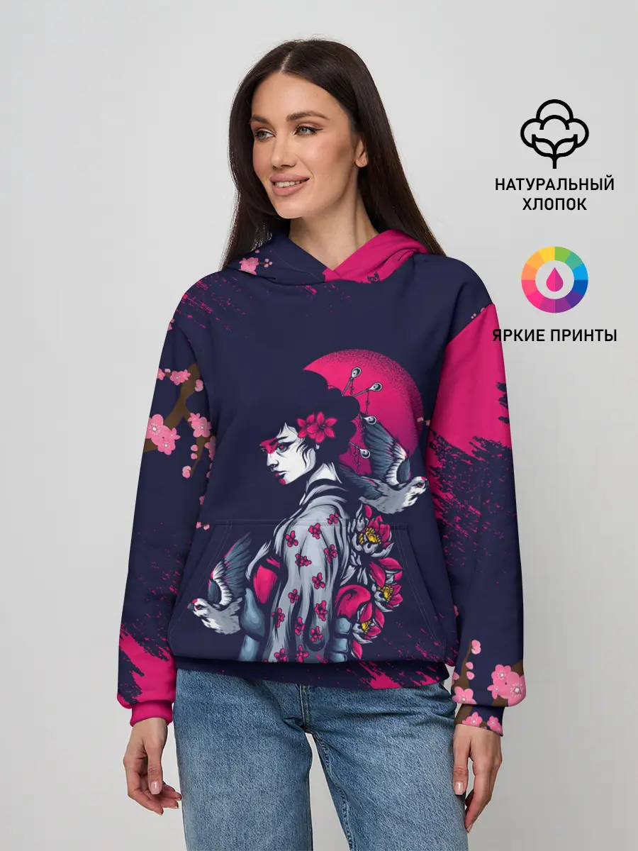 Женское худи / ДЕВУШКА В КИМОНО И ПТИЦАМИ