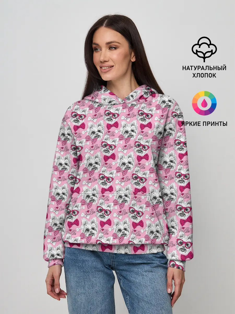 Женское худи / Йоркширский Терьер на Розовом Фоне