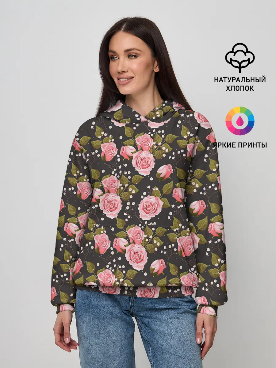 Женское худи / Яркие розовые розы