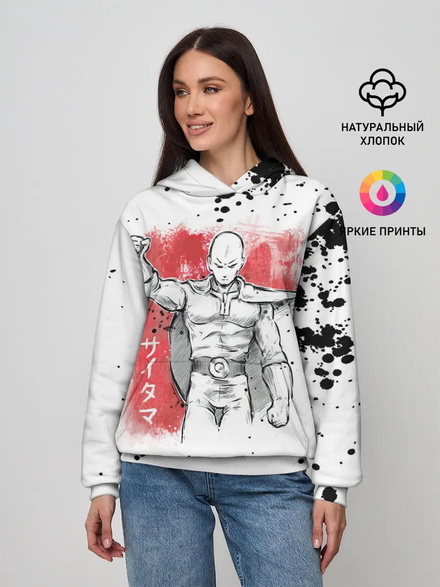 Женское худи / One Punch-Man черные брызги Сайтама