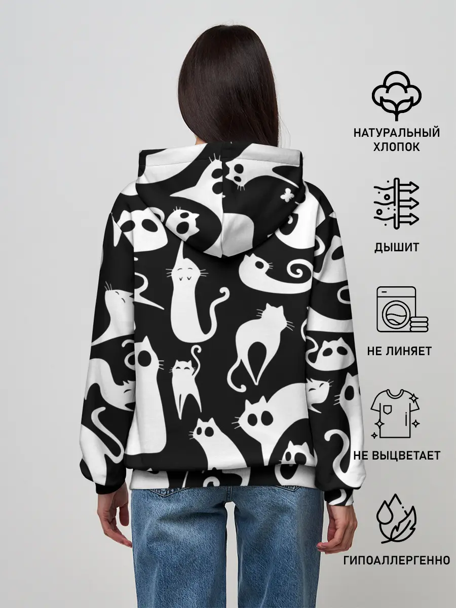 Женское худи / Белые коты на черном фоне