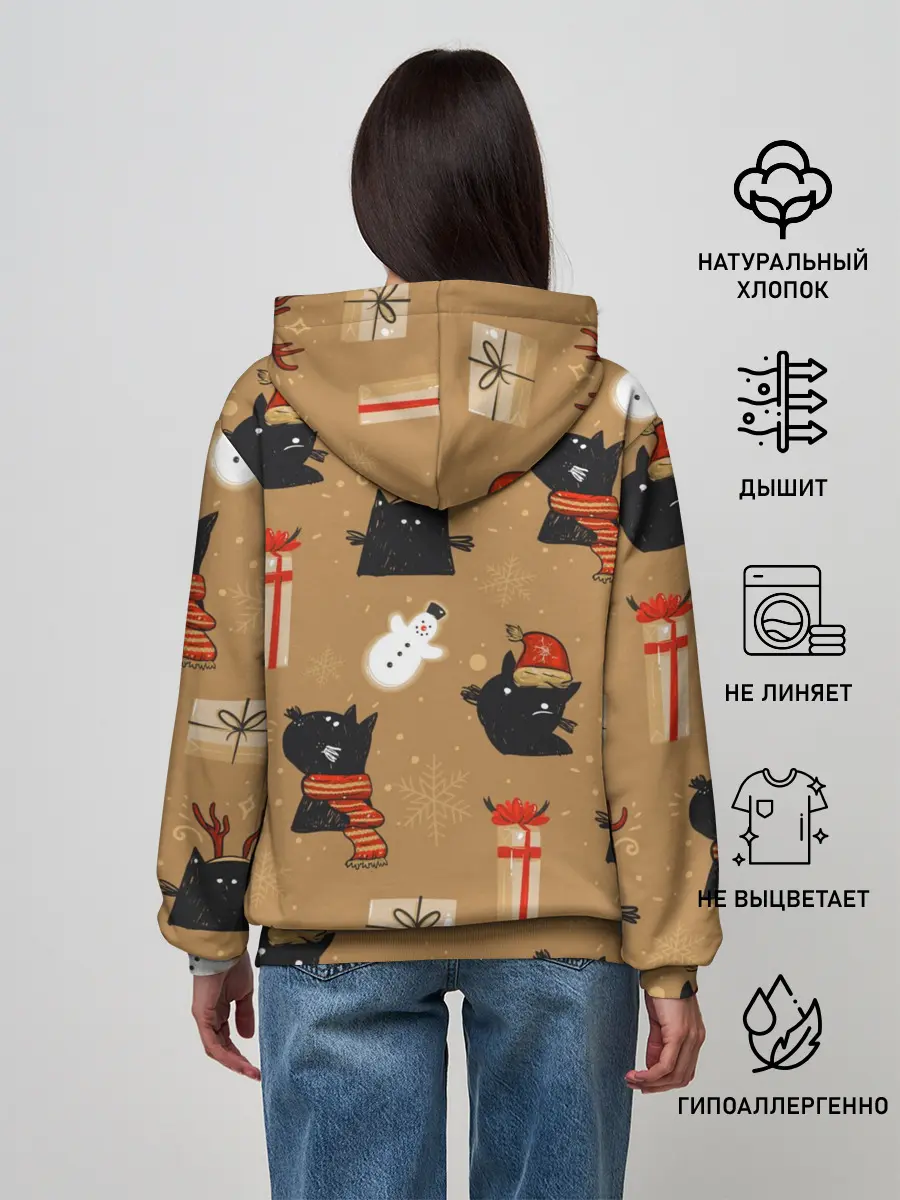 Женское худи / Черные новогодние коты