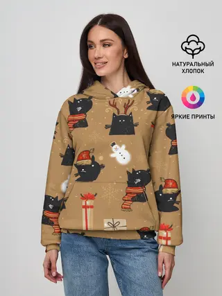 Женское худи / Черные новогодние коты