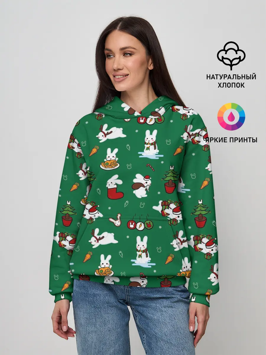 Женское худи / Новогодний паттерн с зайчиками