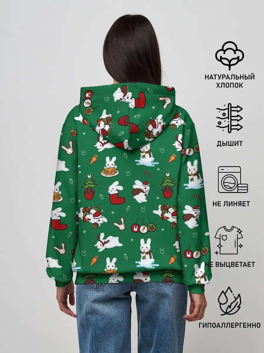 Женское худи / Новогодний паттерн с зайчиками