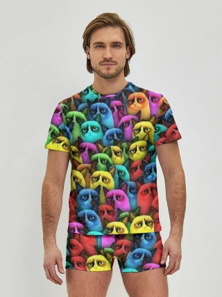 Мужские трусы с футболкой / Разноцветные сердитые коты