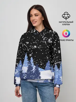 Женское худи / Снежная ночь в зимнем лесу