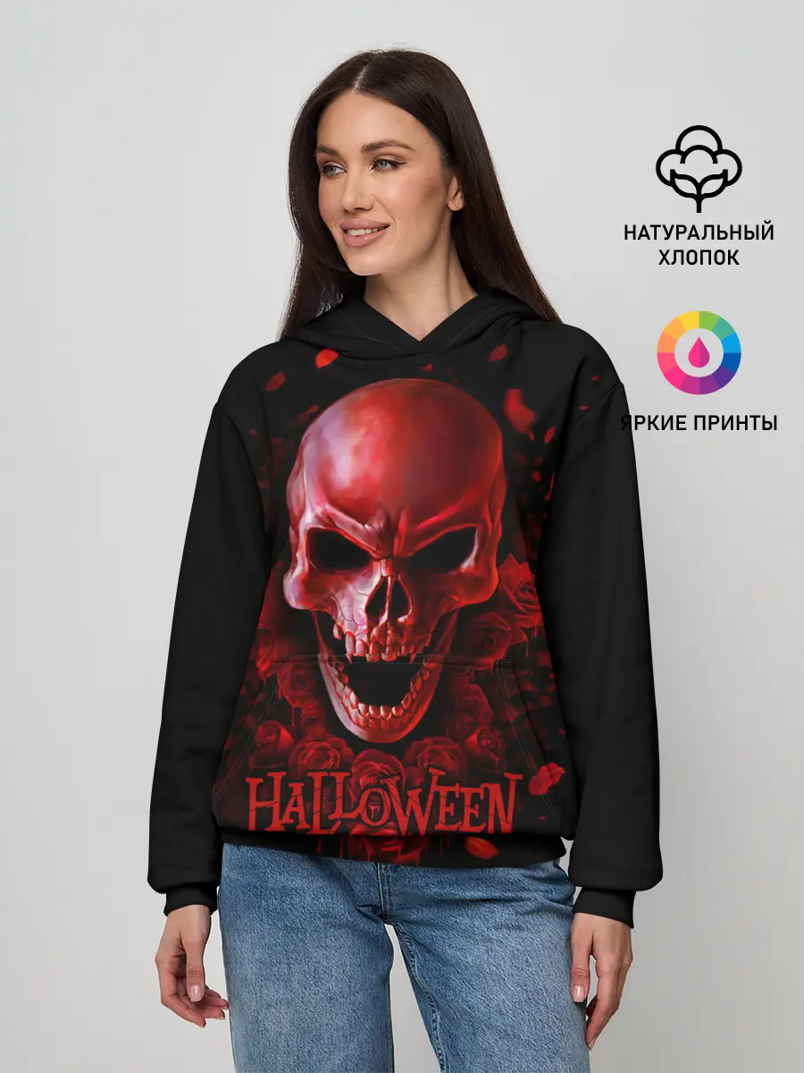 Женское худи / Красный череп в кровавых розах