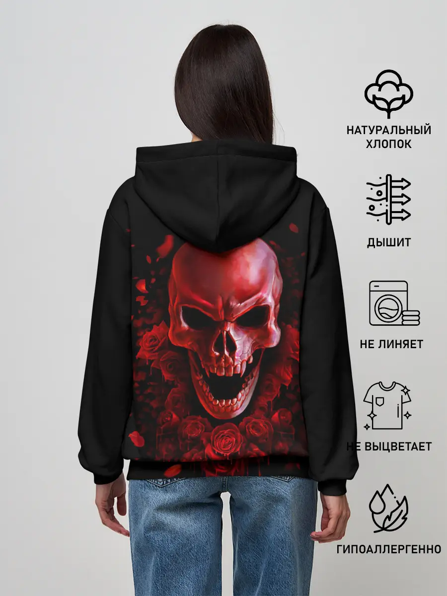 Женское худи / Красный череп в кровавых розах