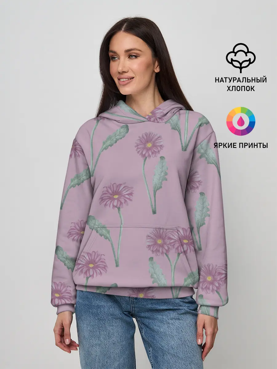 Женское худи / Розовые герберы на розовом фоне