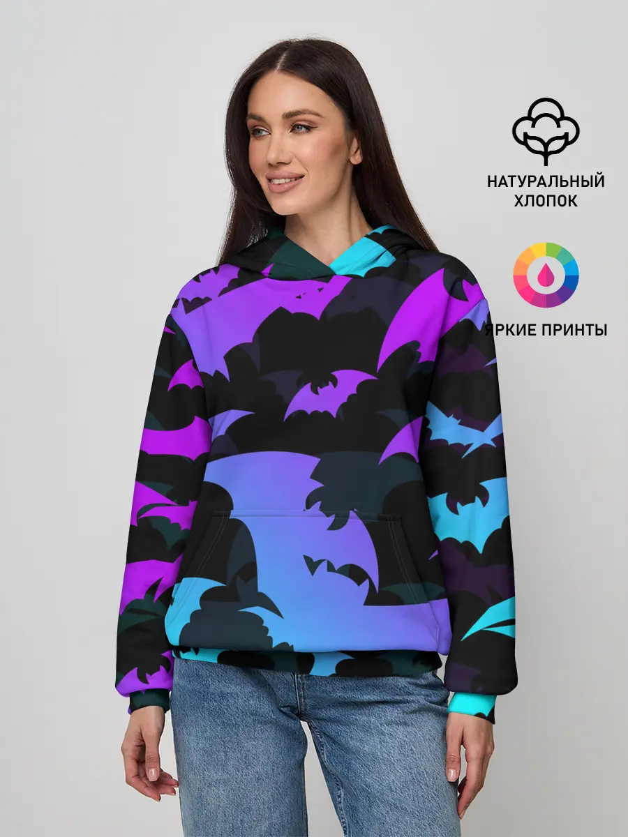 Женское худи / ЛЕТУЧИЕ МЫШИ ХЕЛЛОУИН НЕОН / HALLOWEEN NEON