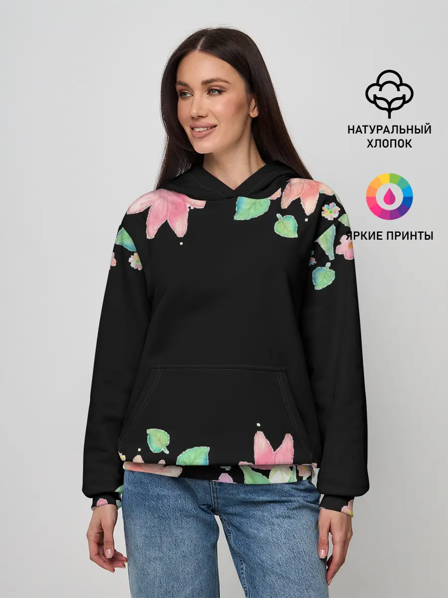 Женское худи / Рамка из розовых и зеленых листьев