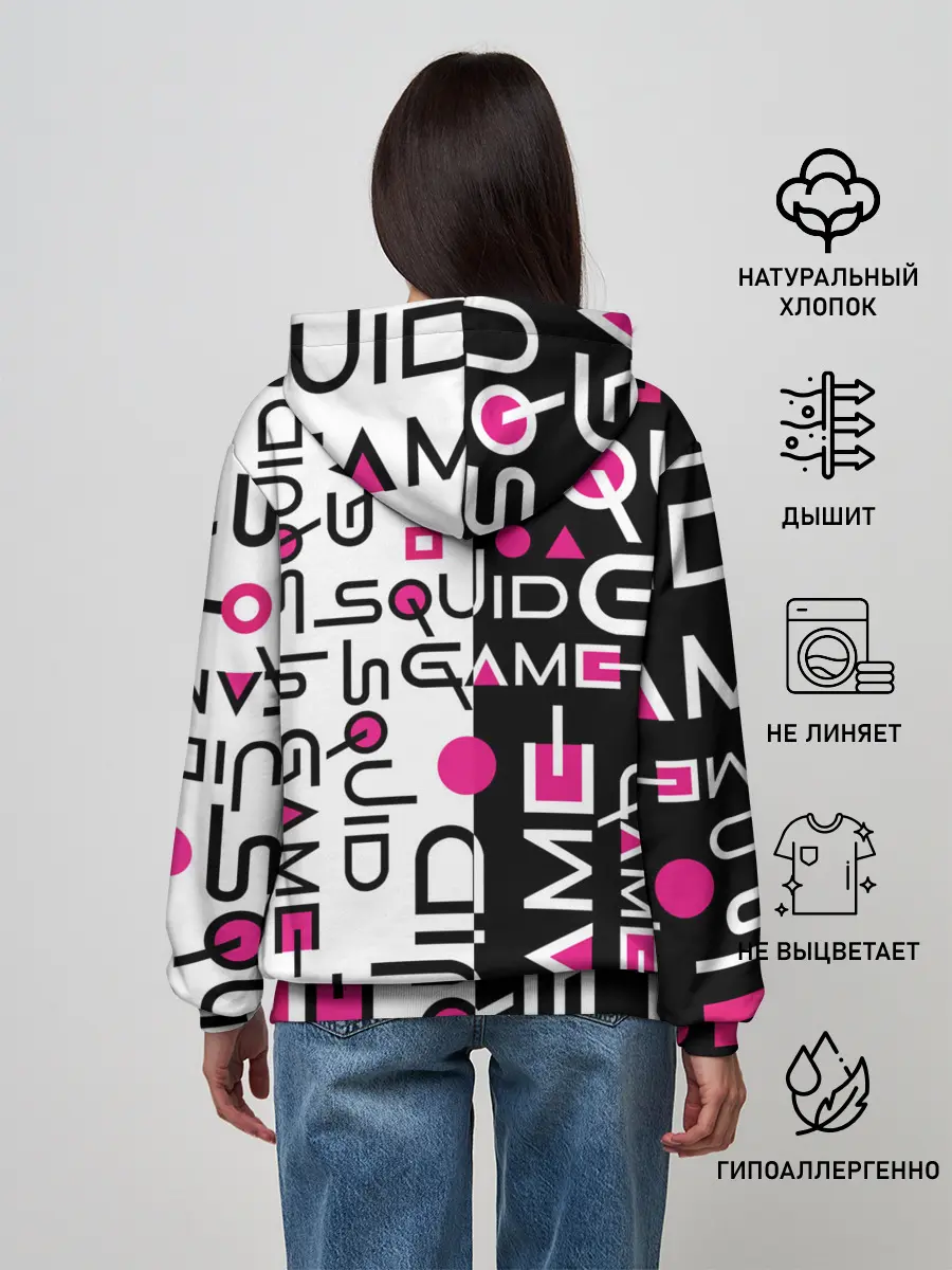 Женское худи / ИГРА В КАЛЬМАРА / ЧЁРНО БЕЛЫЙ ПАТТЕРН ЛОГО