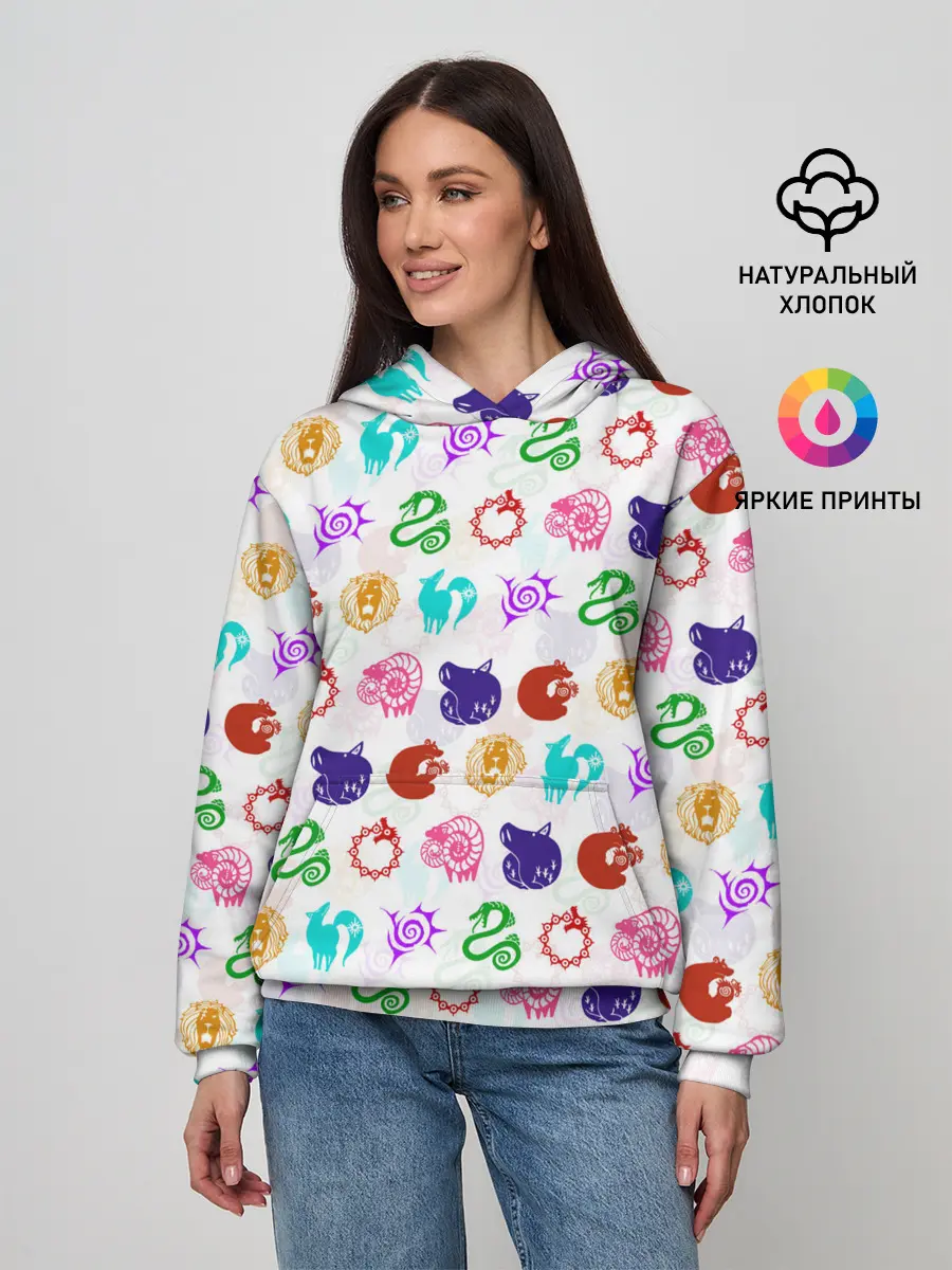 Женское худи / 7 СМЕРТНЫХ ГРЕХОВ ЦВЕТНОЙ ПАТТЕРН СИМВОЛЫ