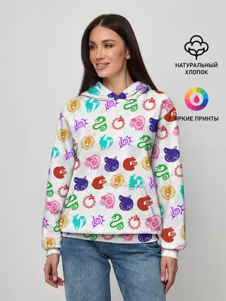Женское худи / 7 СМЕРТНЫХ ГРЕХОВ ЦВЕТНОЙ ПАТТЕРН СИМВОЛЫ