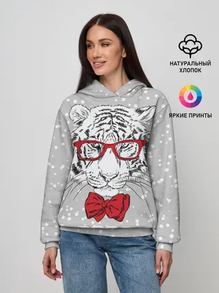 Женское худи / Белый тигр с красным бантом