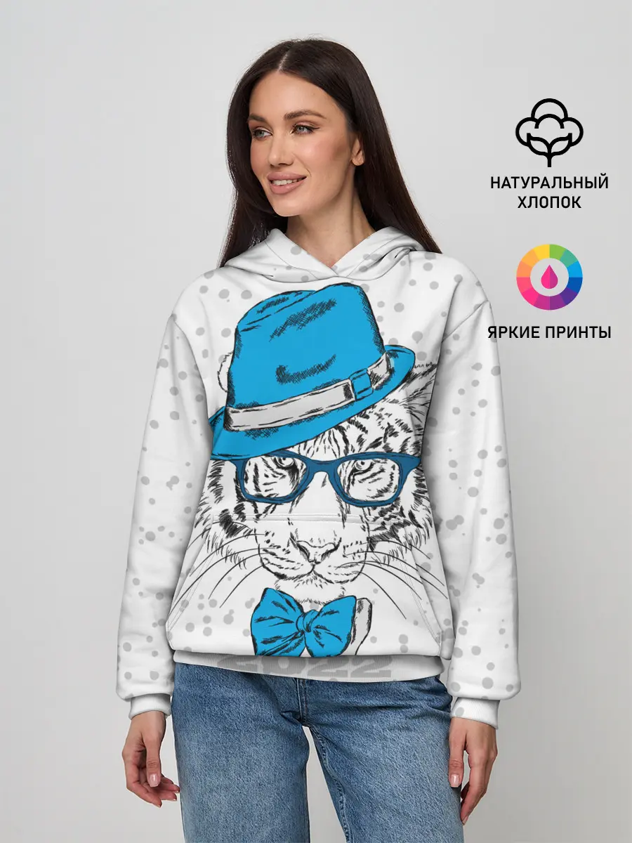 Женское худи / Белый тигр в синей шляпе