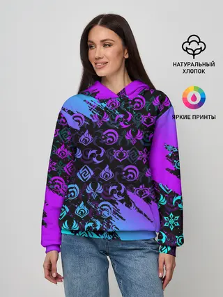 Женское худи / GENSHIN NEON PATTERN SYMBOL / НЕОН ЭМБЛЕМЫ