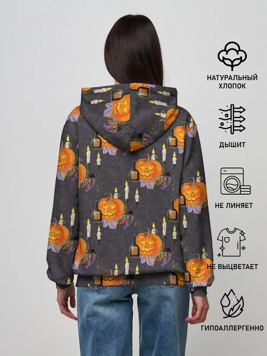 Женское худи / Хэллоуин - тыквы и свечи
