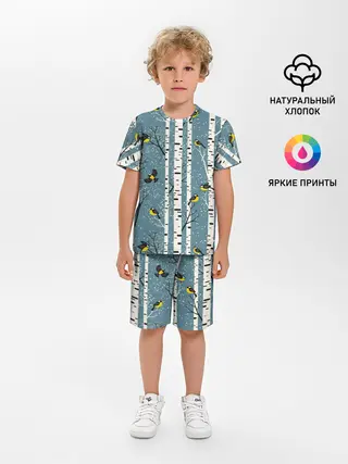 Детская пижама с шортами / Синички на берёзах