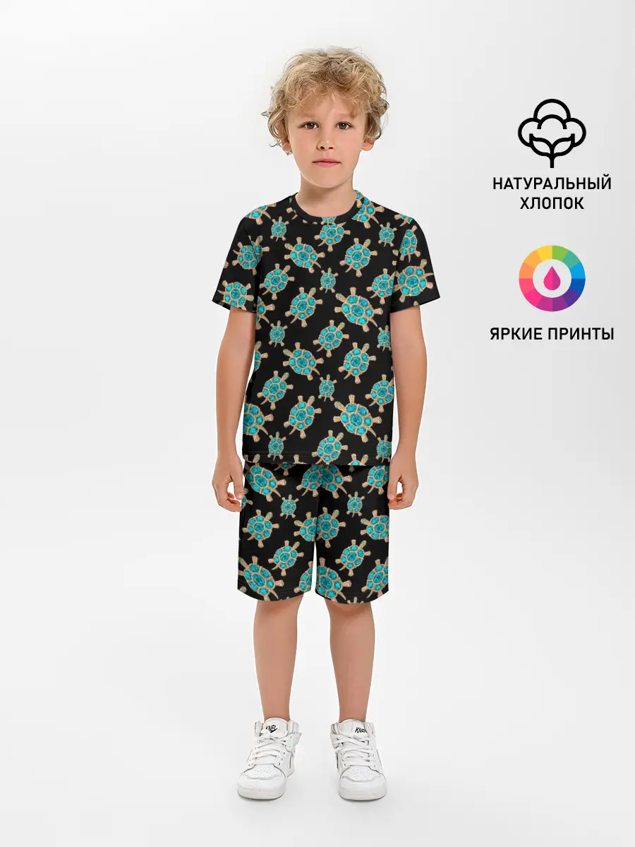 Детская пижама с шортами / Бирюзовые черепашки брошка