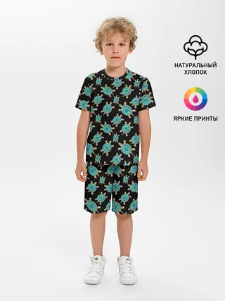 Детская пижама с шортами / Бирюзовые черепашки брошка