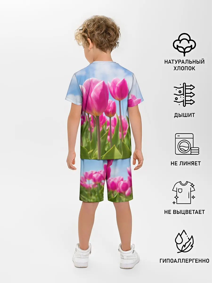 Детская пижама с шортами / Розовые тюльпаны