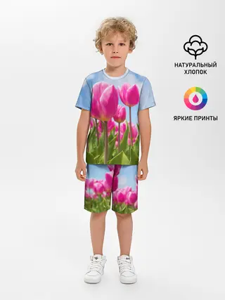 Детская пижама с шортами / Розовые тюльпаны