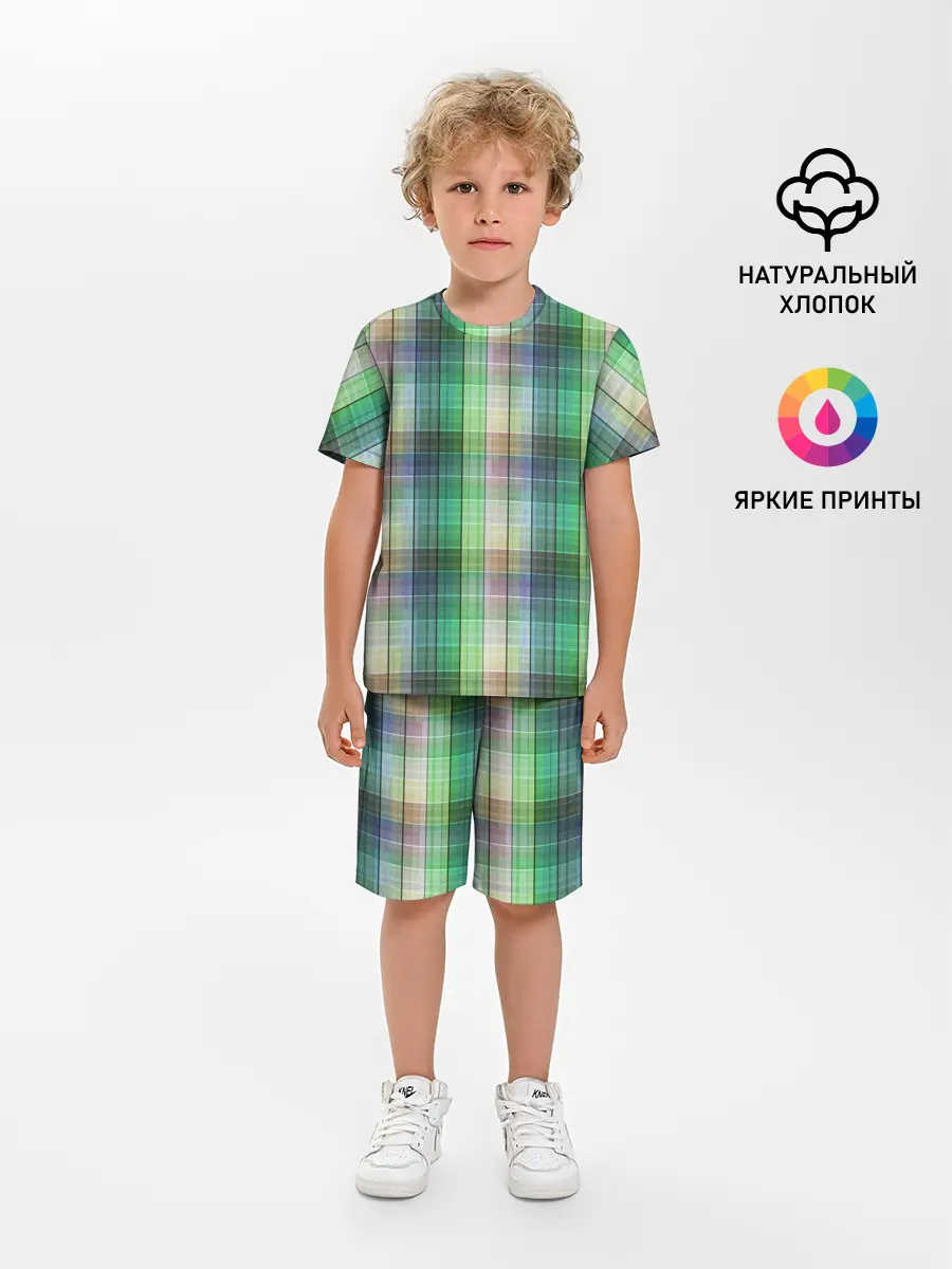 Детская пижама с шортами / Зеленый клетчатый узор